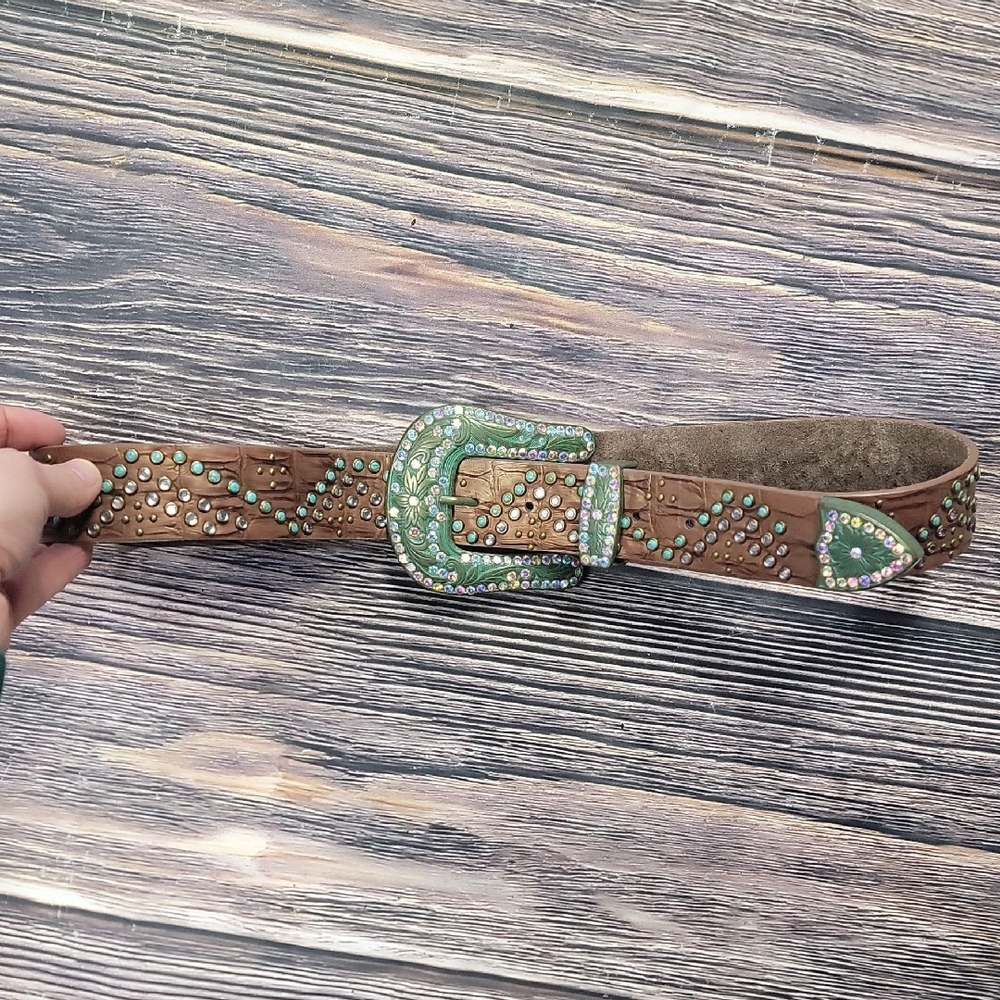 Women's Genuine Studded Brown Leather Belt with Green Accents